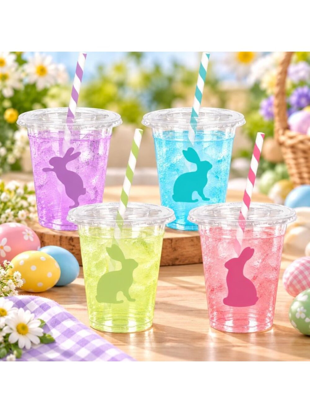 50 Pcs Easter Bunny Cups with Lids & Straws - 12 Oz Disposable Party Drinkware